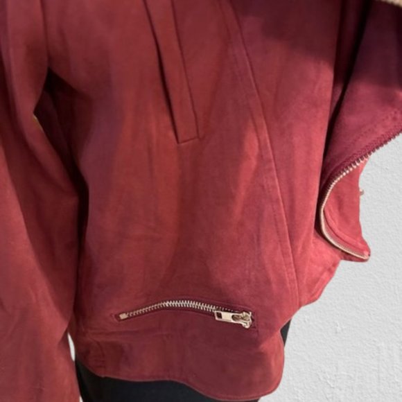 Burgundy Faux Suede drape front Moto Jacket - Picture 9 of 11